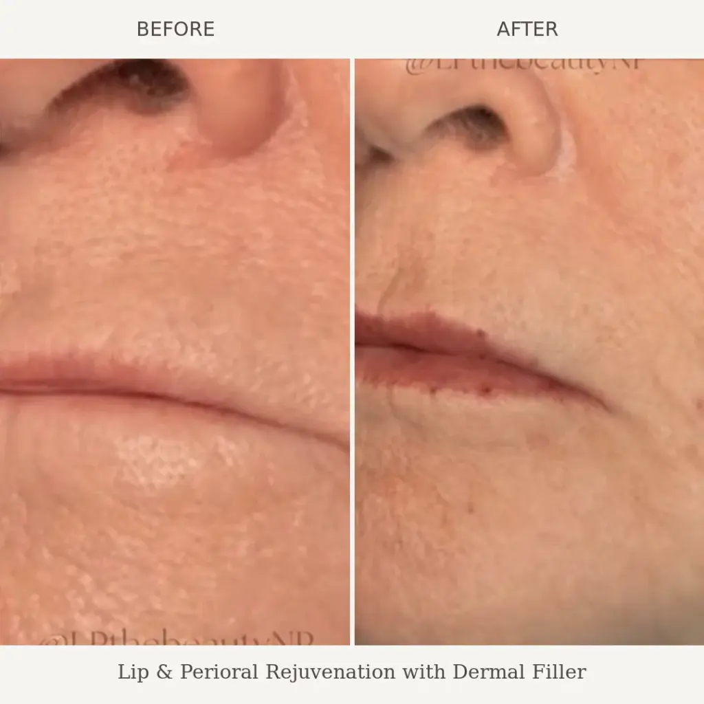 Before and after close-up of a woman's lips and lower face showing fuller lip shape after dermal filler treatment.