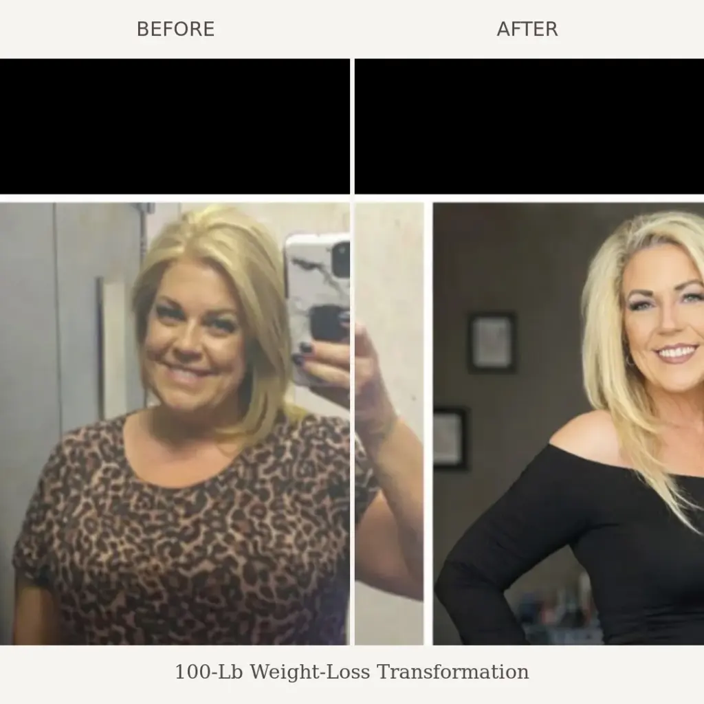 Before and after comparison of a woman who lost 100 pounds, shown in a selfie and a professional photo.