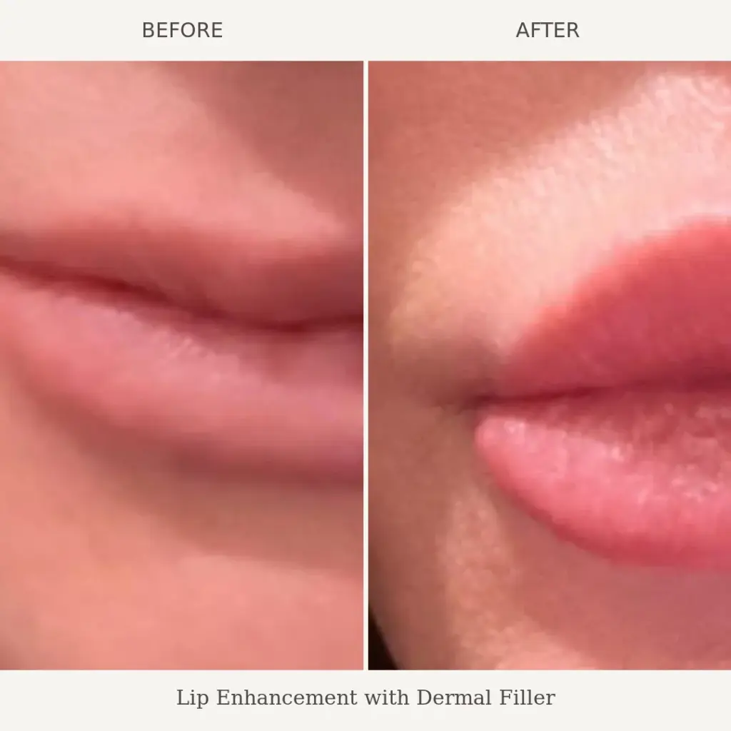 Side-by-side before and after close-up of lips showing added volume and shape after dermal filler treatment.